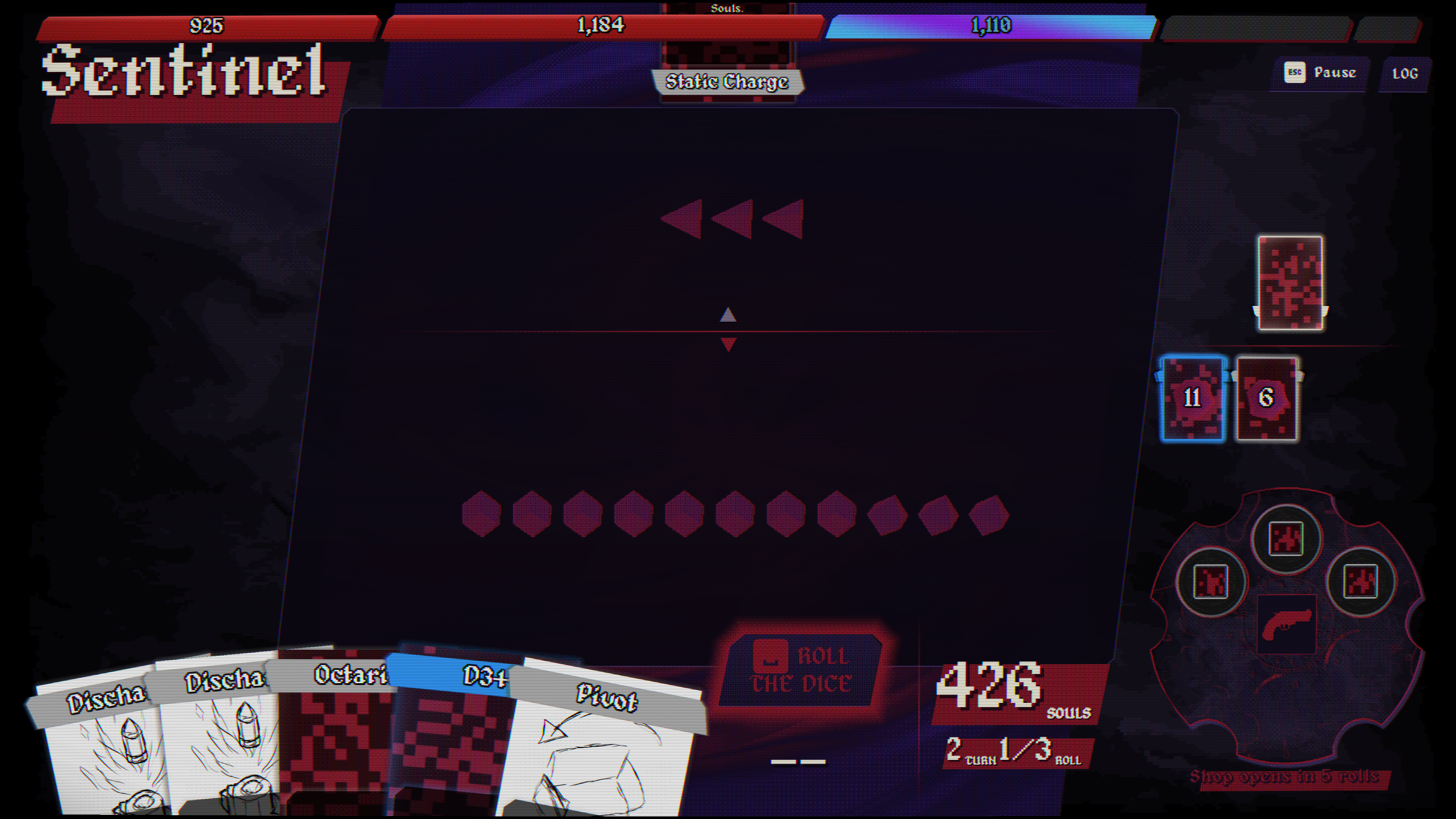 Dangidice combat against the Sentinel boss — a loaded dice gun and hand of cards ready to fire