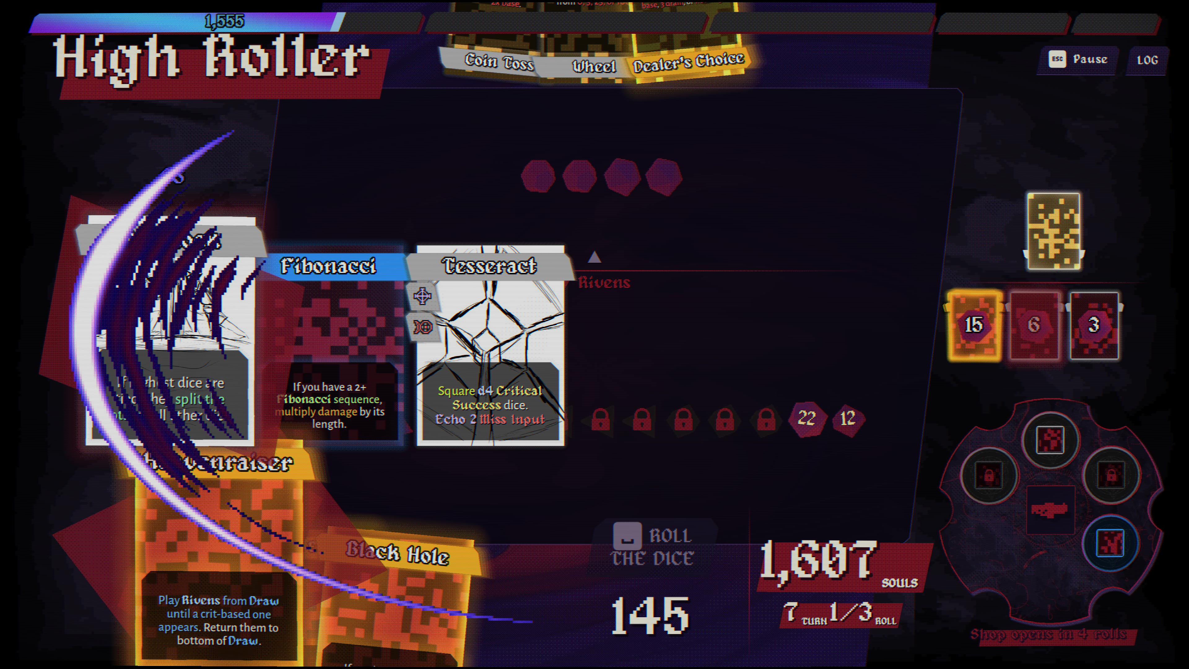 Dangidice High Roller fight — Fibonacci and Tesseract Riven cards charging dice against the enemy thresholds