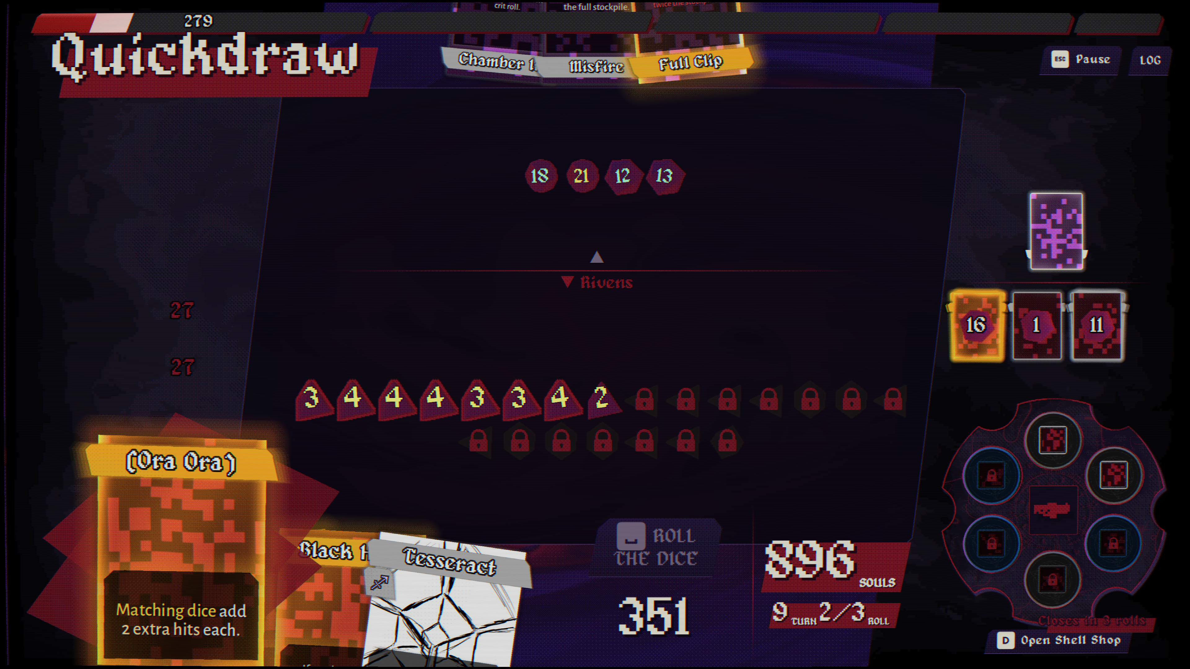 Dangidice Quickdraw boss battle — a row of dice locked onto the enemy's shield gates