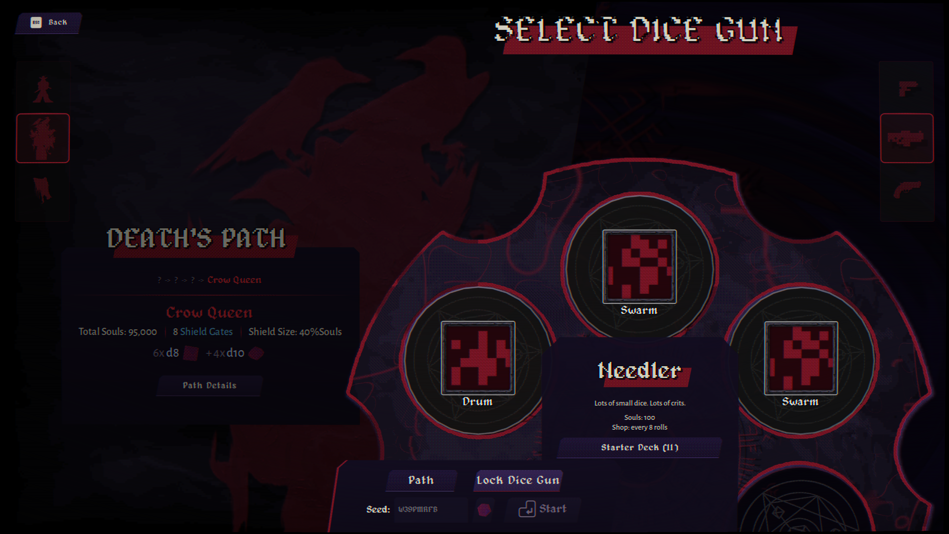 Dangidice Select Dice Gun screen — choosing a starter dice gun and Death's Path before a run