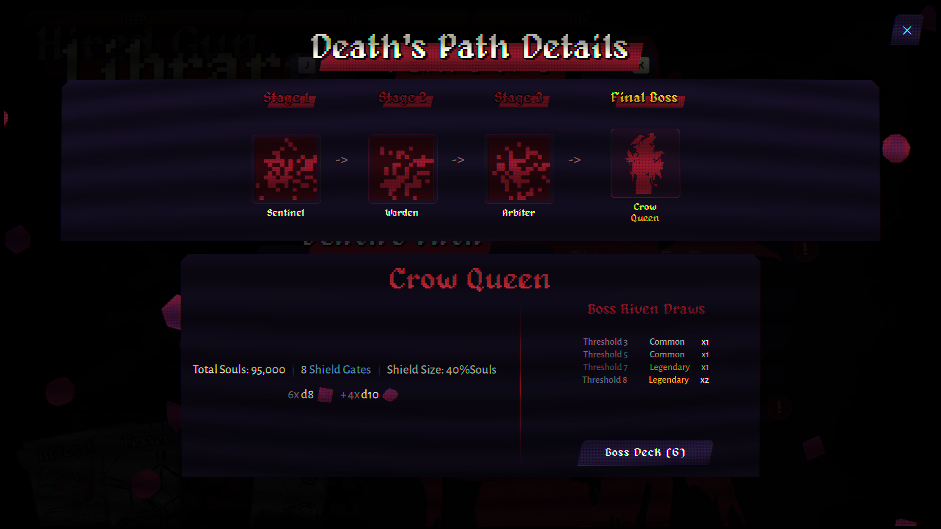Dangidice Death's Path details — the run's enemy sequence ending with the Crow Queen final boss