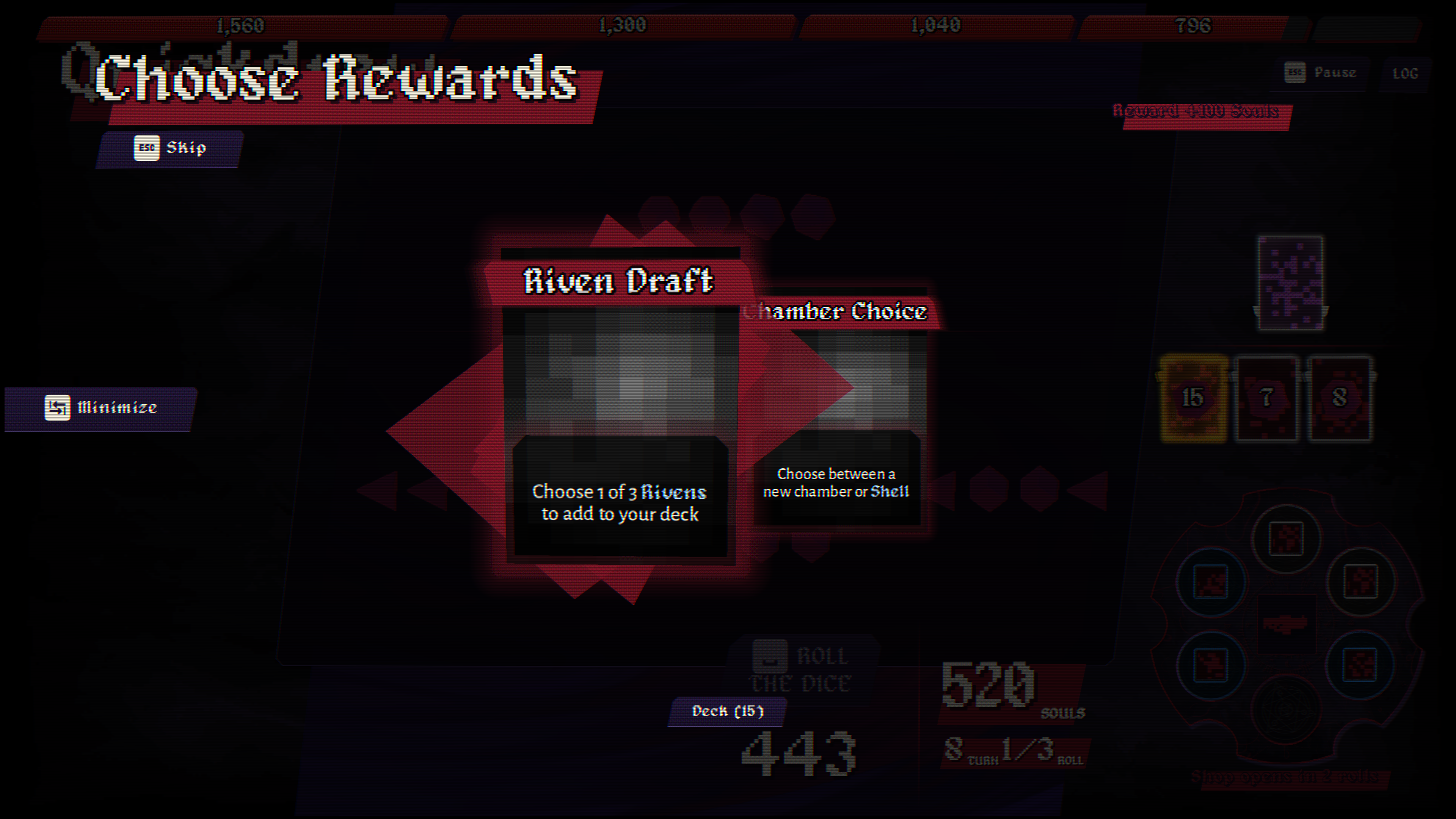 Dangidice Choose Rewards screen — picking a Riven draft or a chamber choice between runs