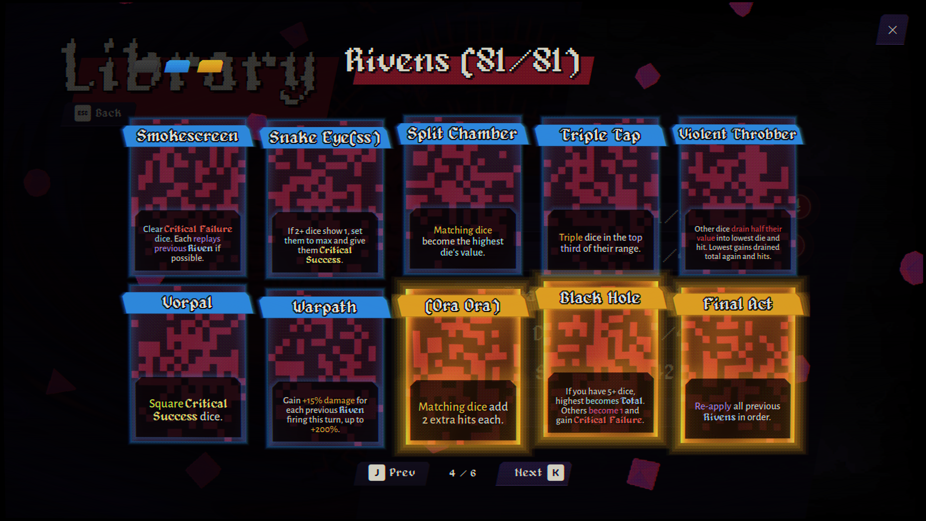 Dangidice Rivens library — the full collection of unlockable Riven cards and their effects