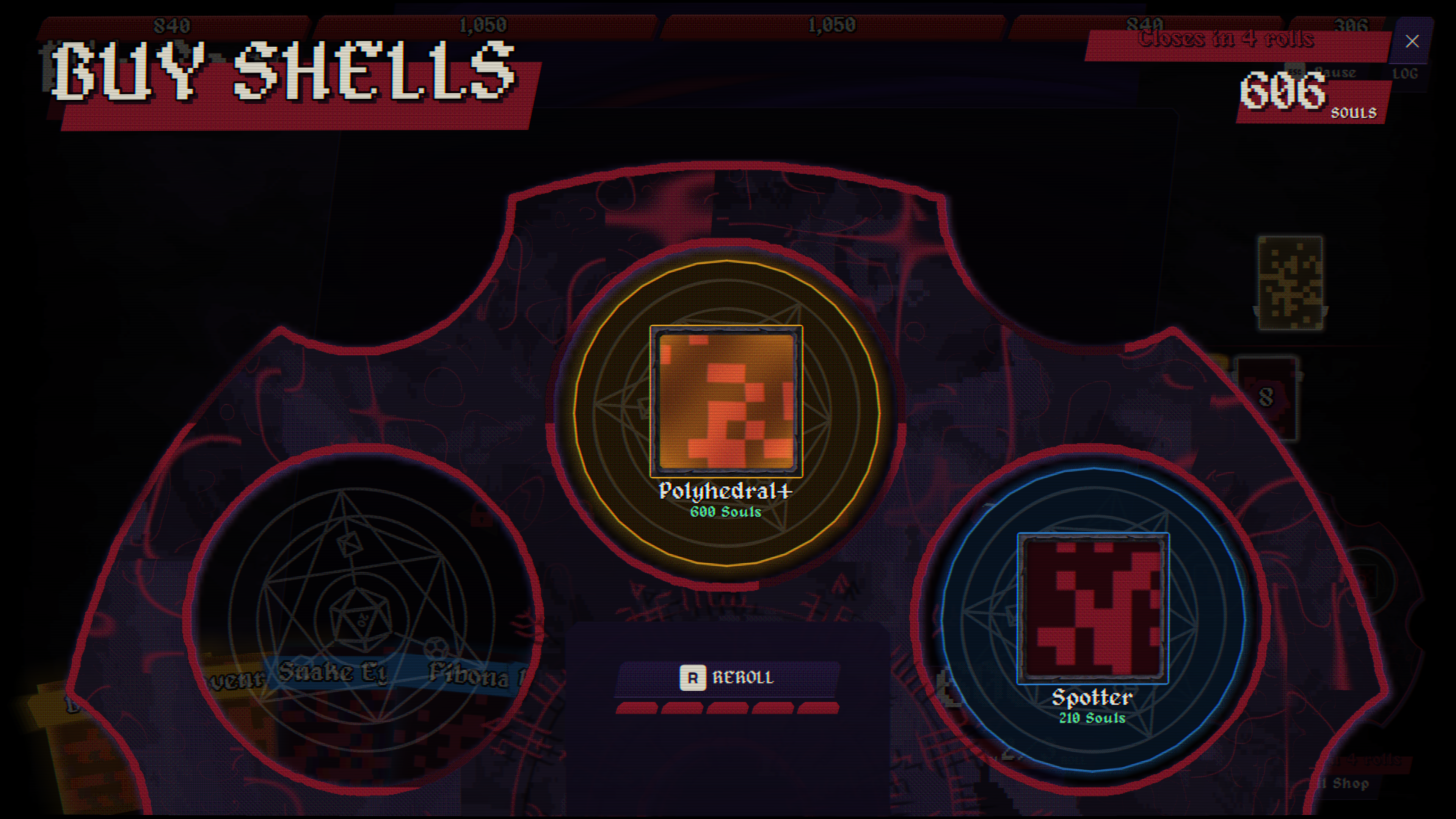 Dangidice Buy Shells shop — purchasing the Polyhedral and Spotter dice gun shells with souls